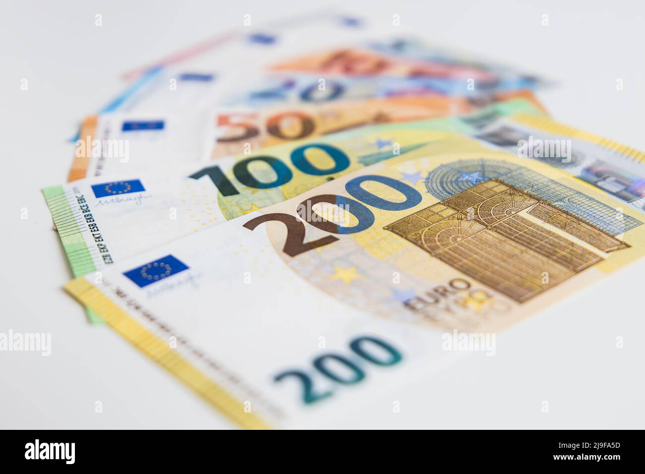 A set of several different Euro banknotes from 5 to 200 Euro Stock Photo