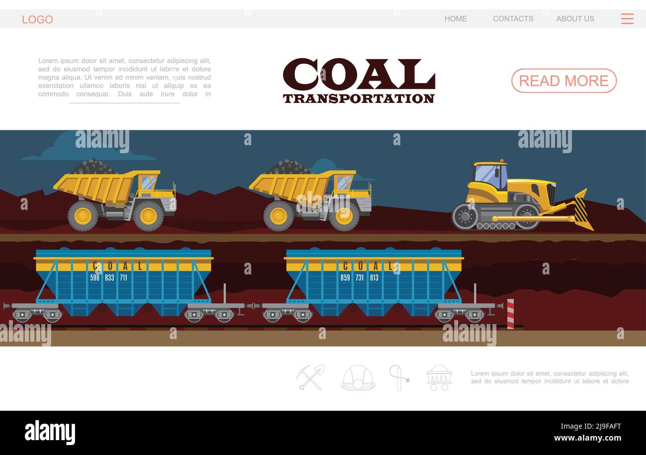 Flat coal transportation landing page template with bulldozer dump ...