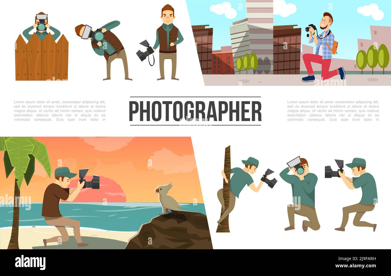 Flat photography elements collection with photographer in different