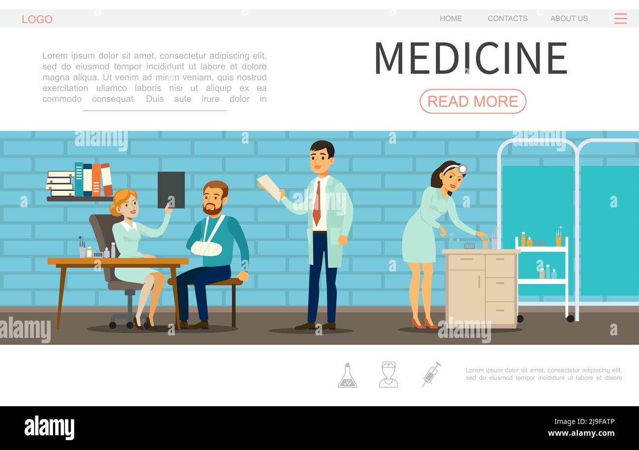 Flat medical care webpage template with doctors nurse and patient in hospital vector illustration Stock Vector