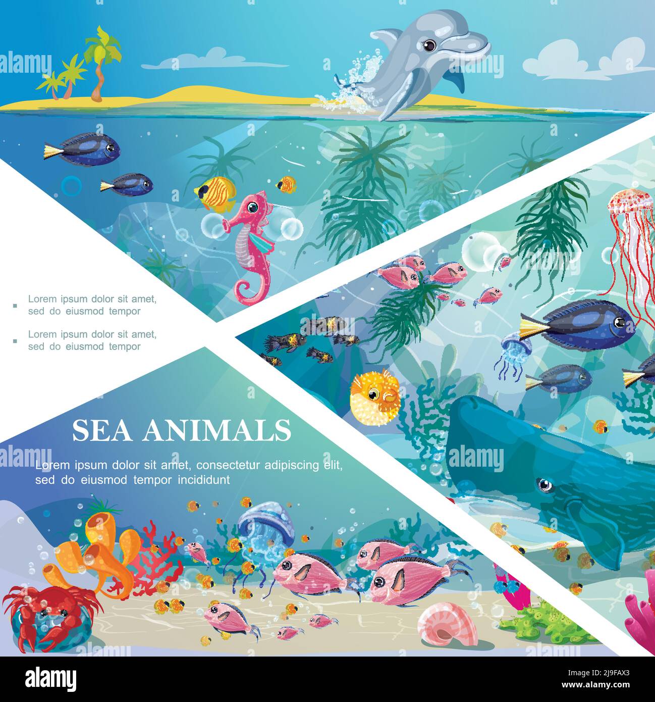 Cartoon underwater life template with sea animals creatures marine seaweeds and corals vector illustration Stock Vector
