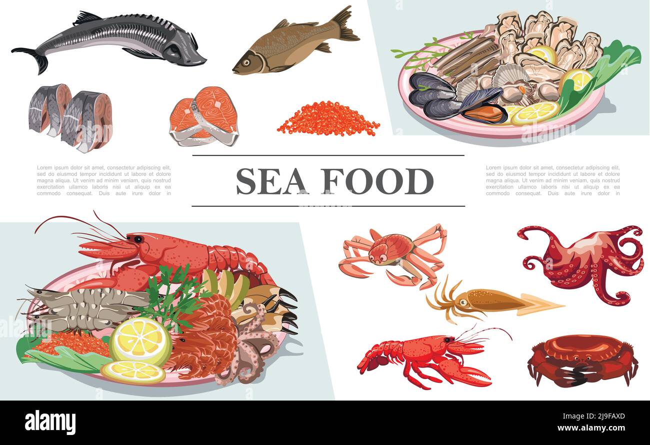 Flat seafood colorful composition with lobster crayfish squid octopus