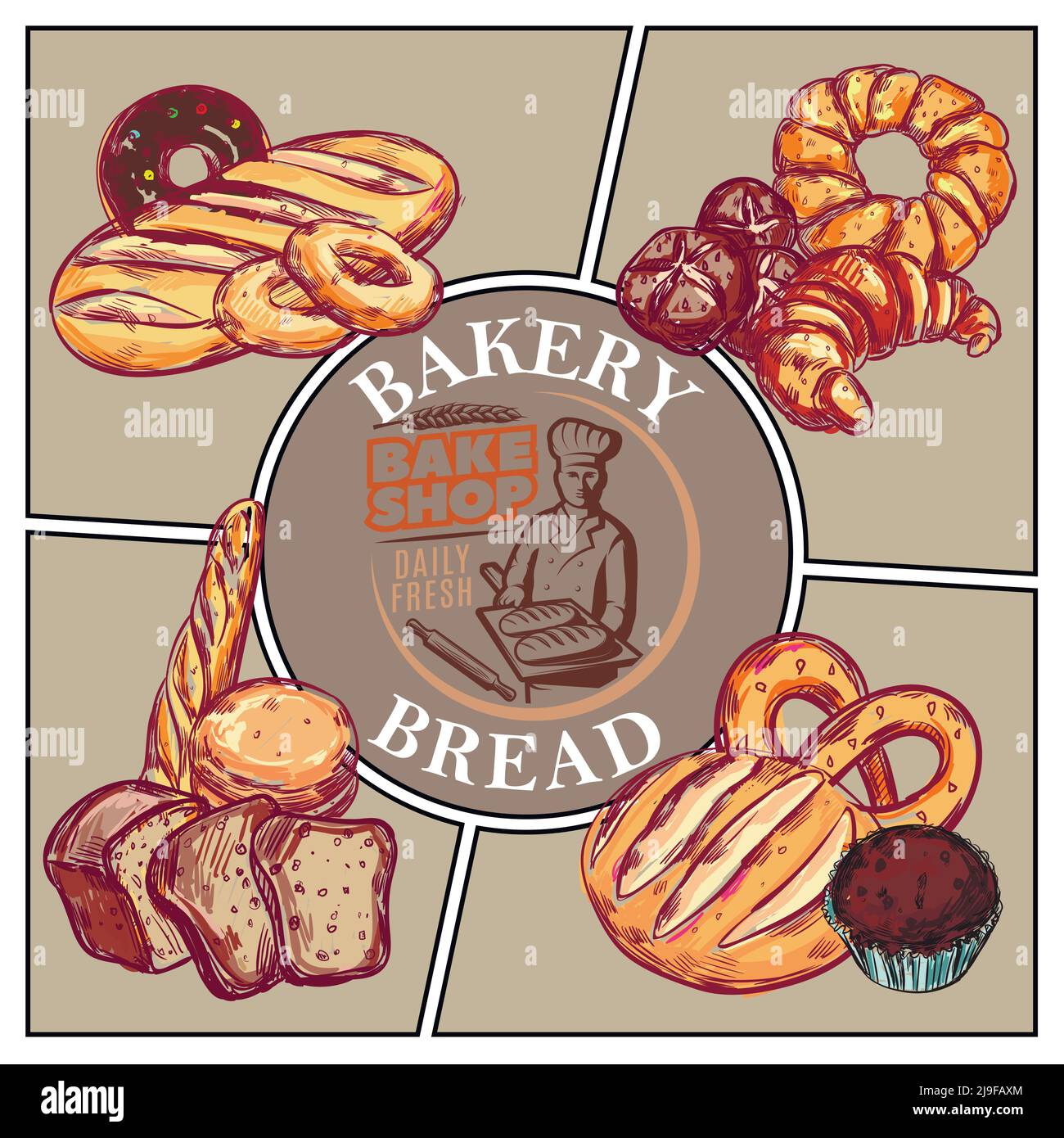 Sketch bakery products concept with bread french baguette croissant bagel donut muffin pretzel and bake shop emblem vector illustration Stock Vector