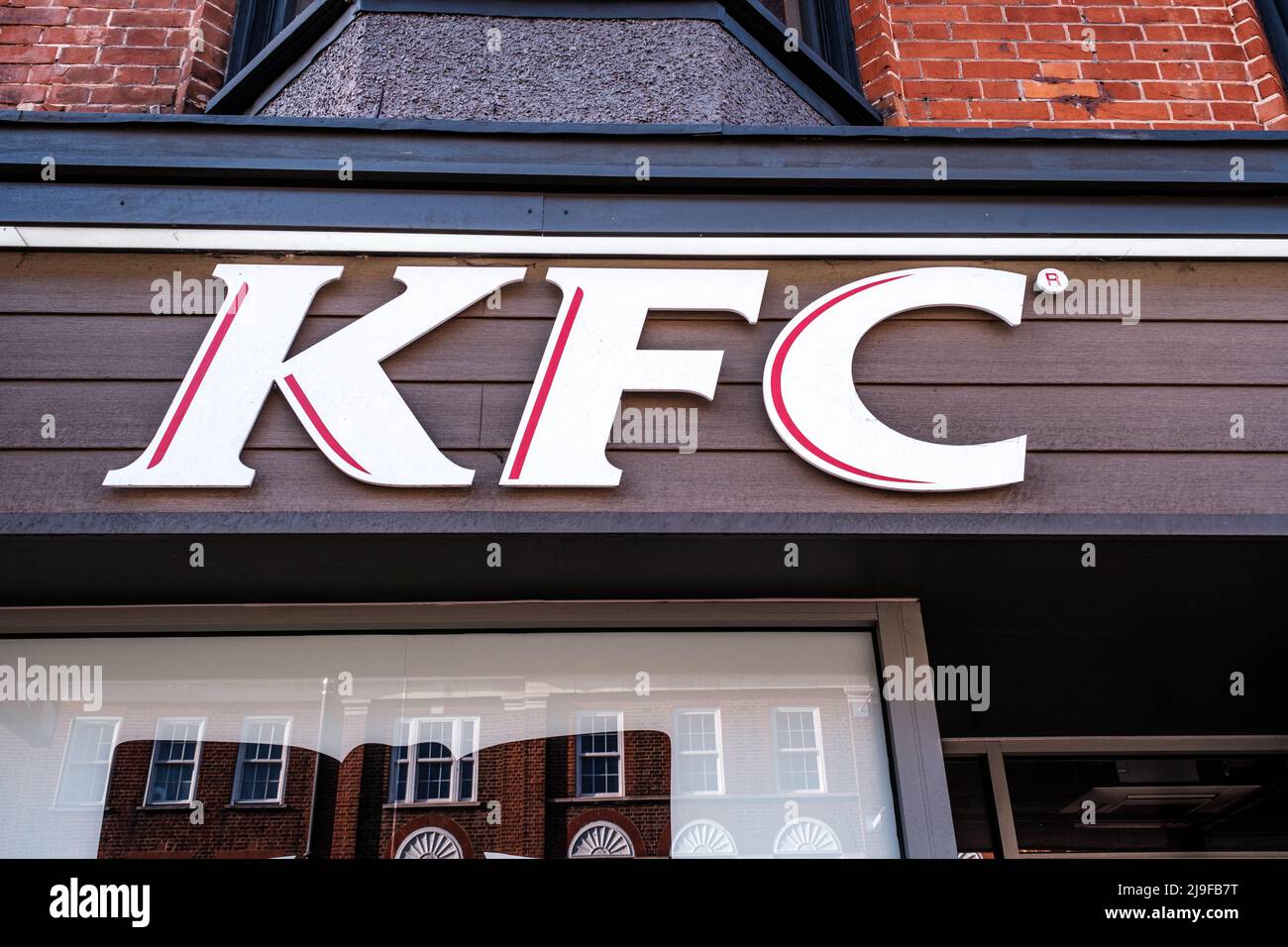 Epsom Surrey, London UK, May 22 2022,  KFC Kentucky Fried Chicken Takeaway Fast Food Shop With No People Stock Photo