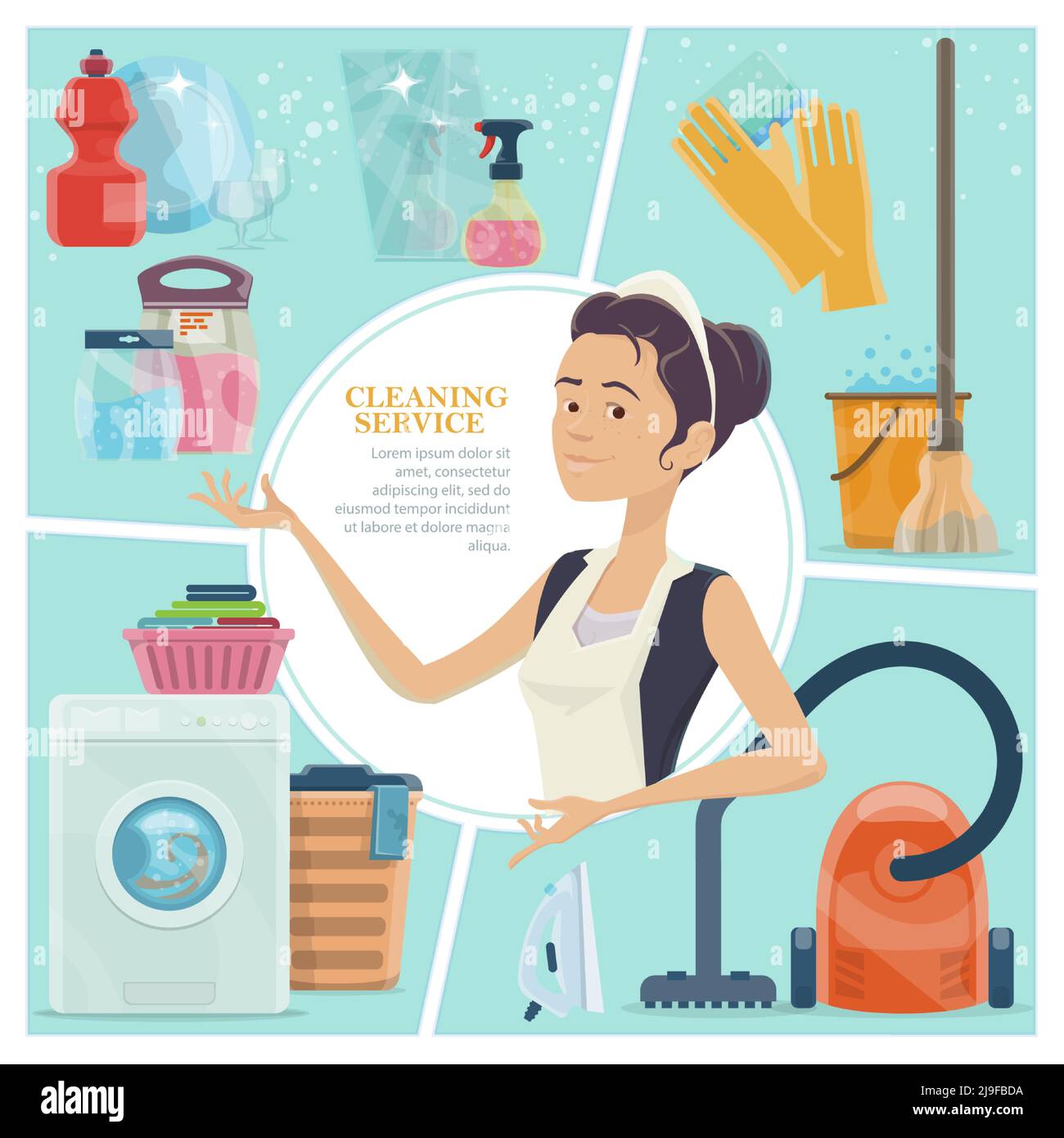 Cartoon cleaning service colorful concept with maid gloves bucket of