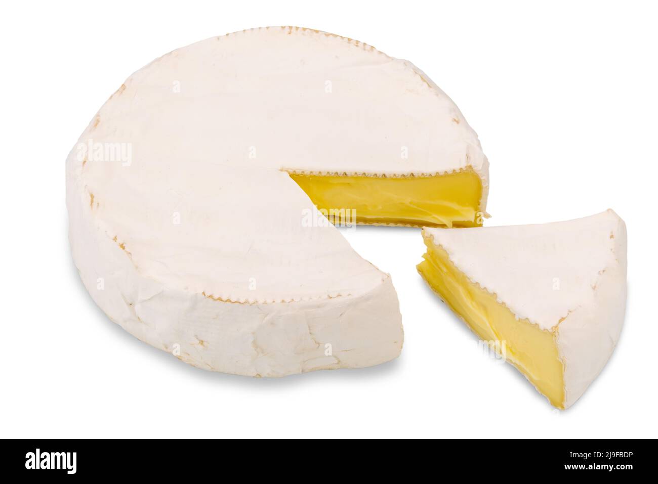 Wheel of Brie Cream Cheese cut with slice isolated on white with