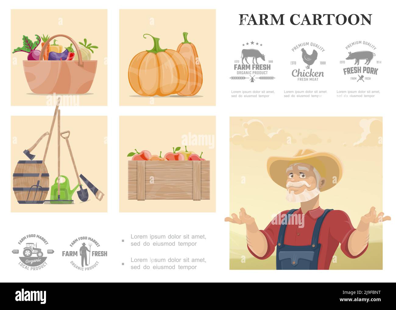 Cartoon farming and agriculture composition with farmer manual labor tools vegetables apples and farm monochrome design emblems vector illustration Stock Vector