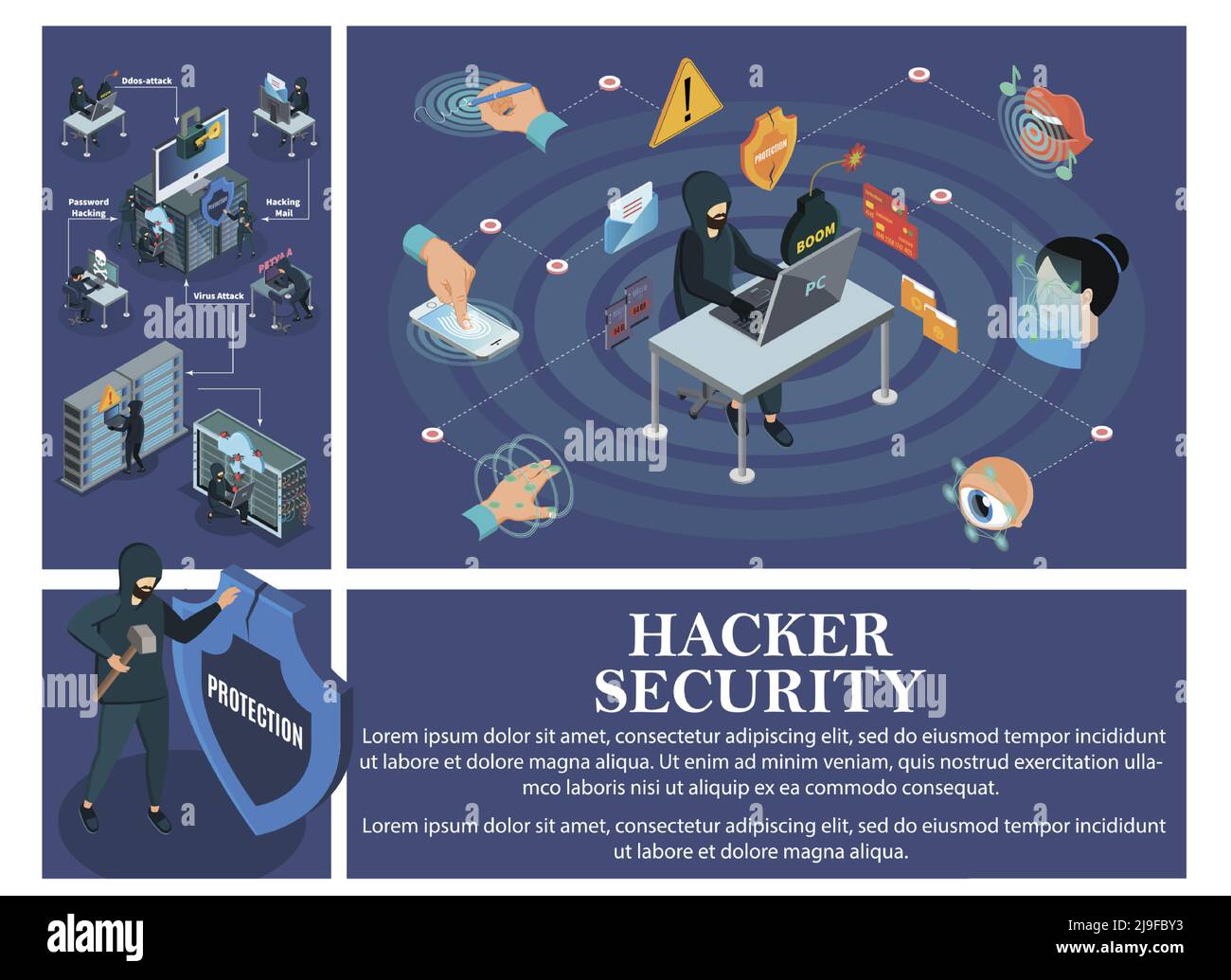Isometric hacking attack composition with elements of biometric identification security and hackers breaking personal computers data centers cloud ser Stock Vector