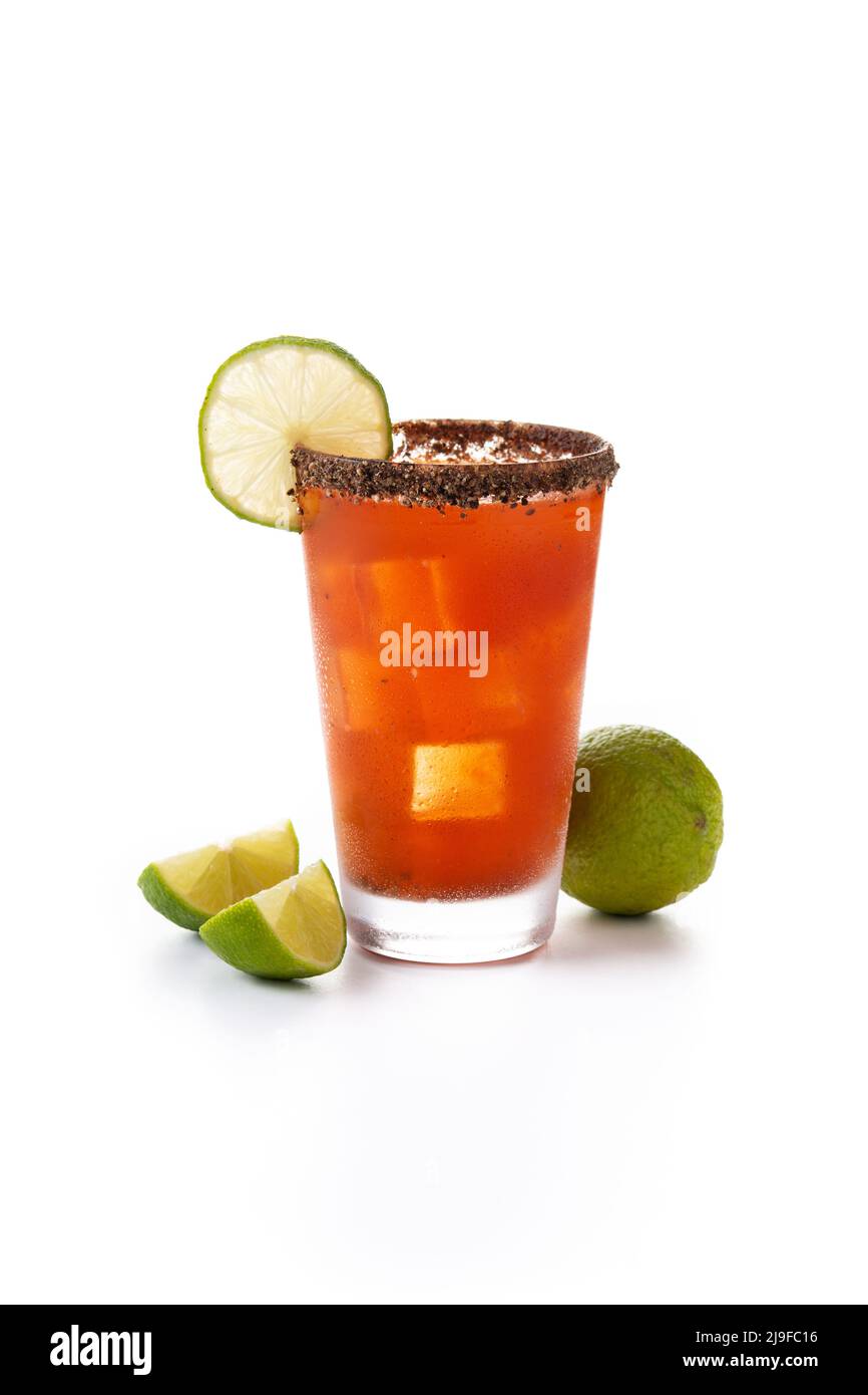 Homemade michelada cocktail with beer salted Rim and tomato juice ...