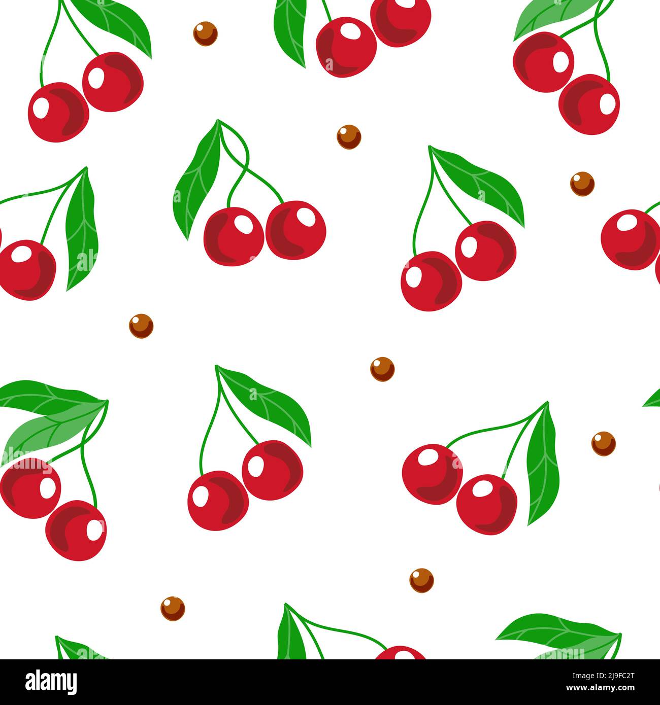 Seamless pattern of ripe cherries, summer vector illustration in cartoon style. Cherries and cherry pips. Bright summer pattern Stock Vector
