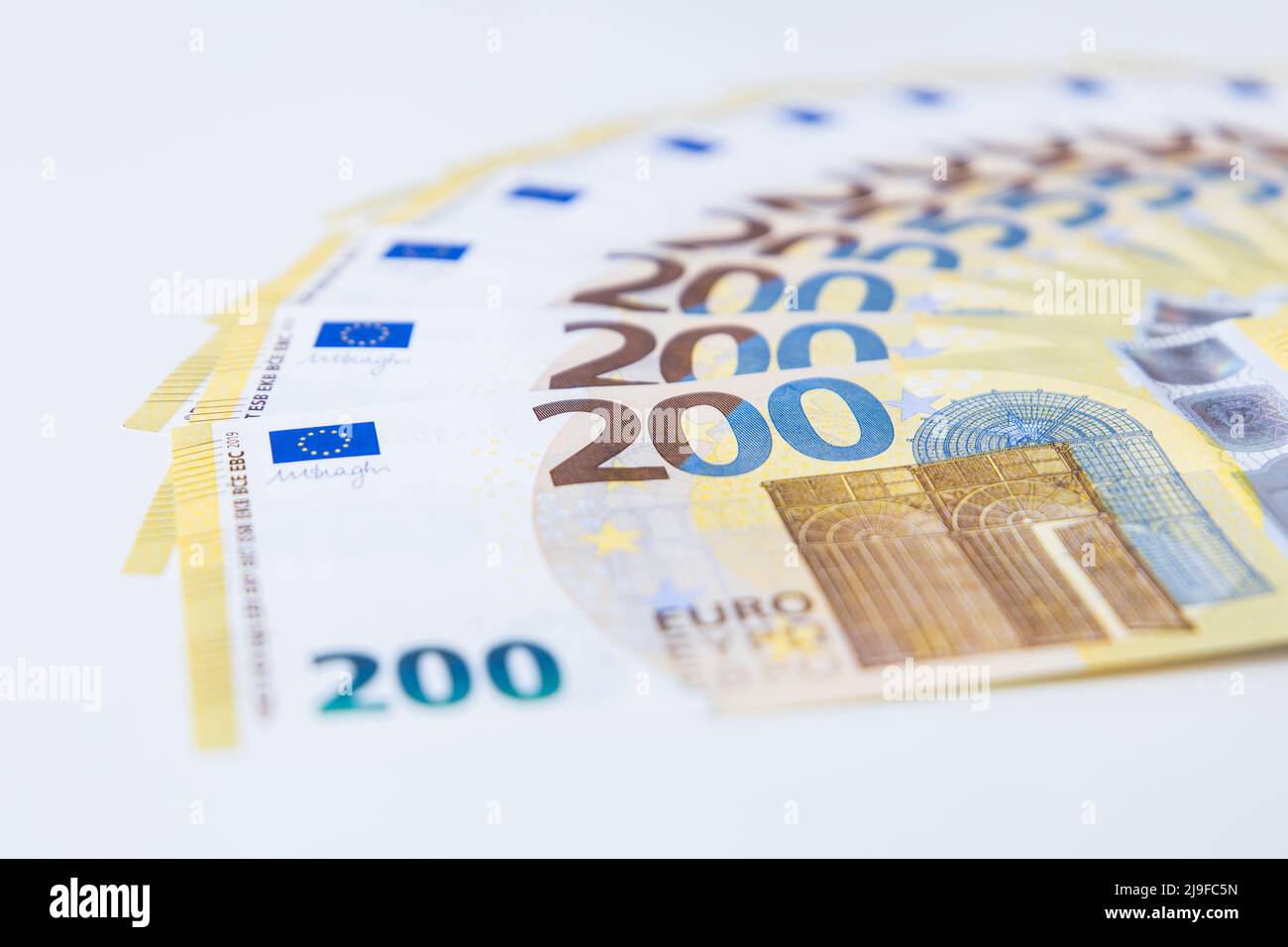 A load of 200 Euro banknotes in a pattern Stock Photo