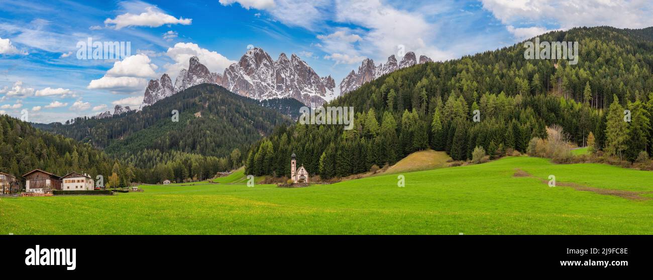 Dolomites Alp mountain panorama landscape at Santa Maddalena village in spring season, St. Magdalena Italy Stock Photo