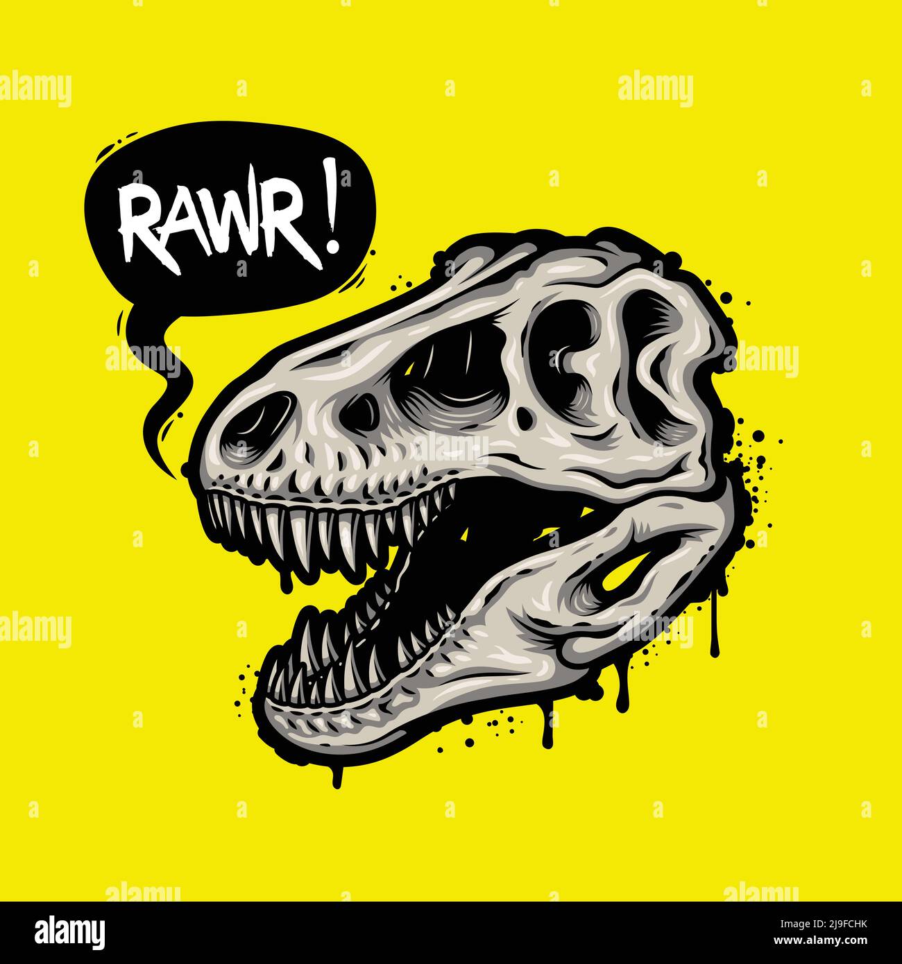 Illustration of dinosaur skull with text bubble. Tyrannosaur Rex. T-shirt print Stock Vector