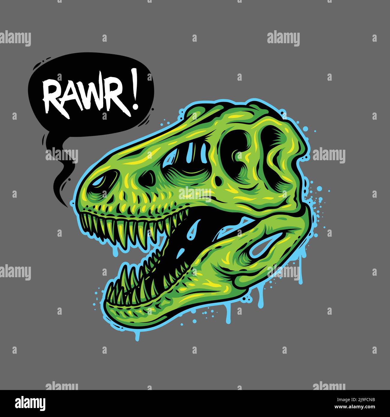 Illustration of dinosaur skull with text bubble. Tyrannosaur Rex. T-shirt print Stock Vector