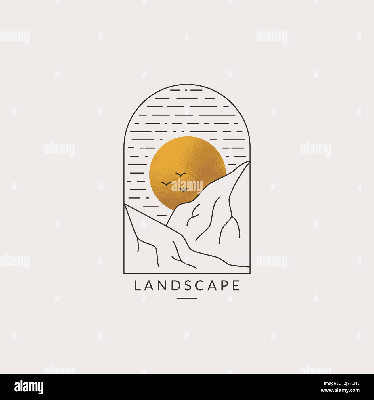 Landscape logo. Line emblem with mountains and sun. Trendy design for travel agencies, eco tourism, outdoor resort, glamping or other themes. Stock Vector
