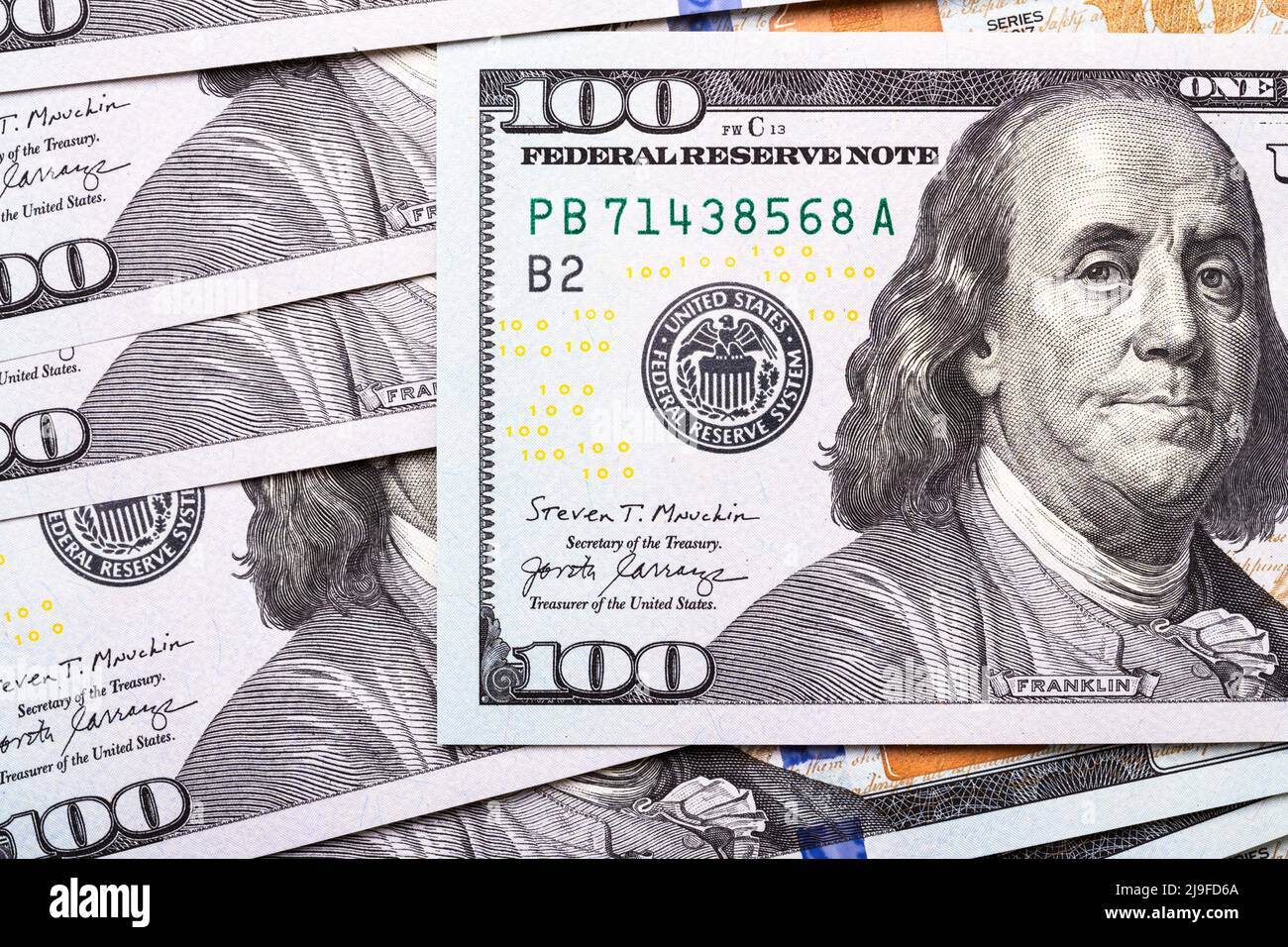 American hundred dollar bills top view. Money background. Stock Photo