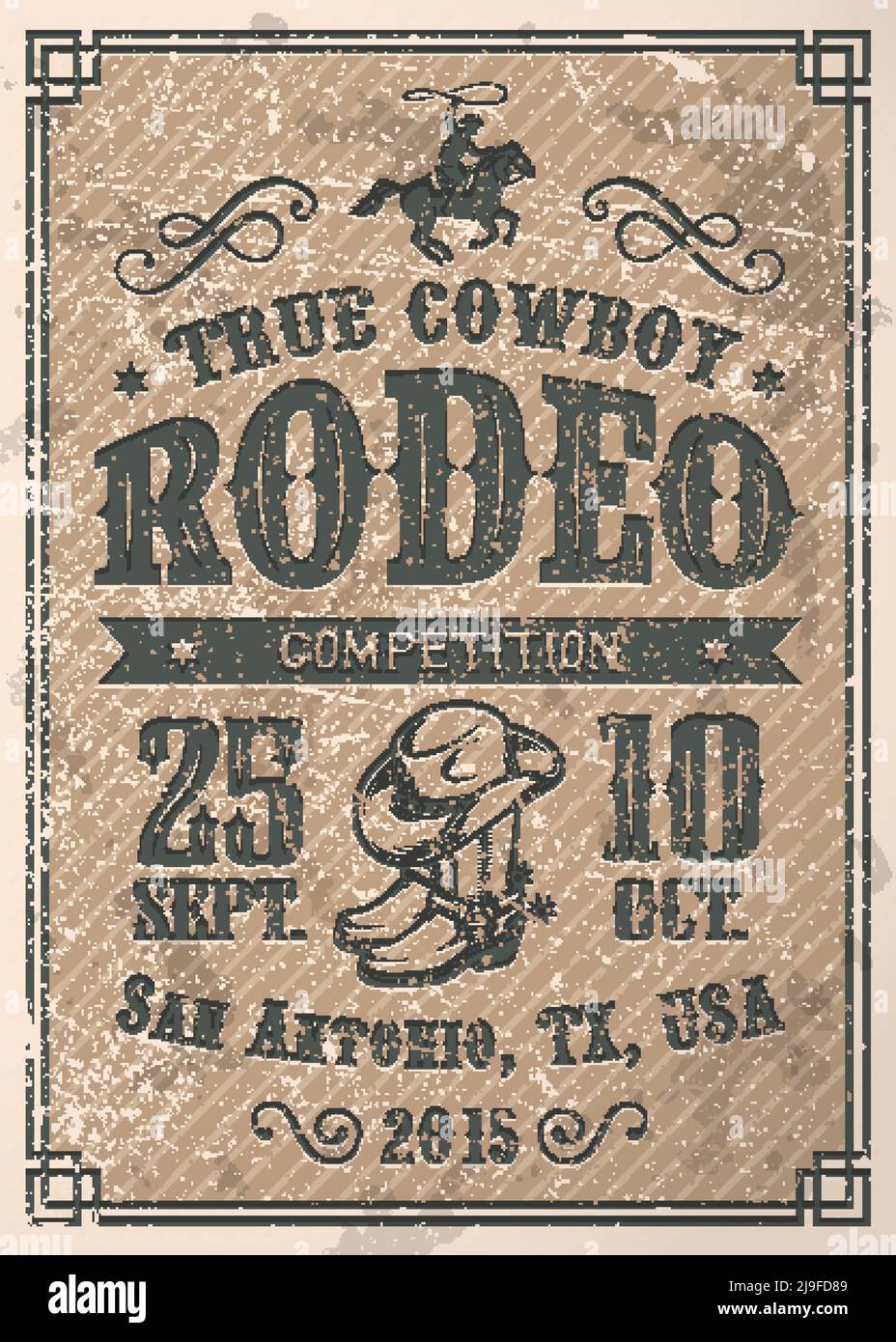 American cowboy rodeo poster with typography and vintage paper texture Stock Vector