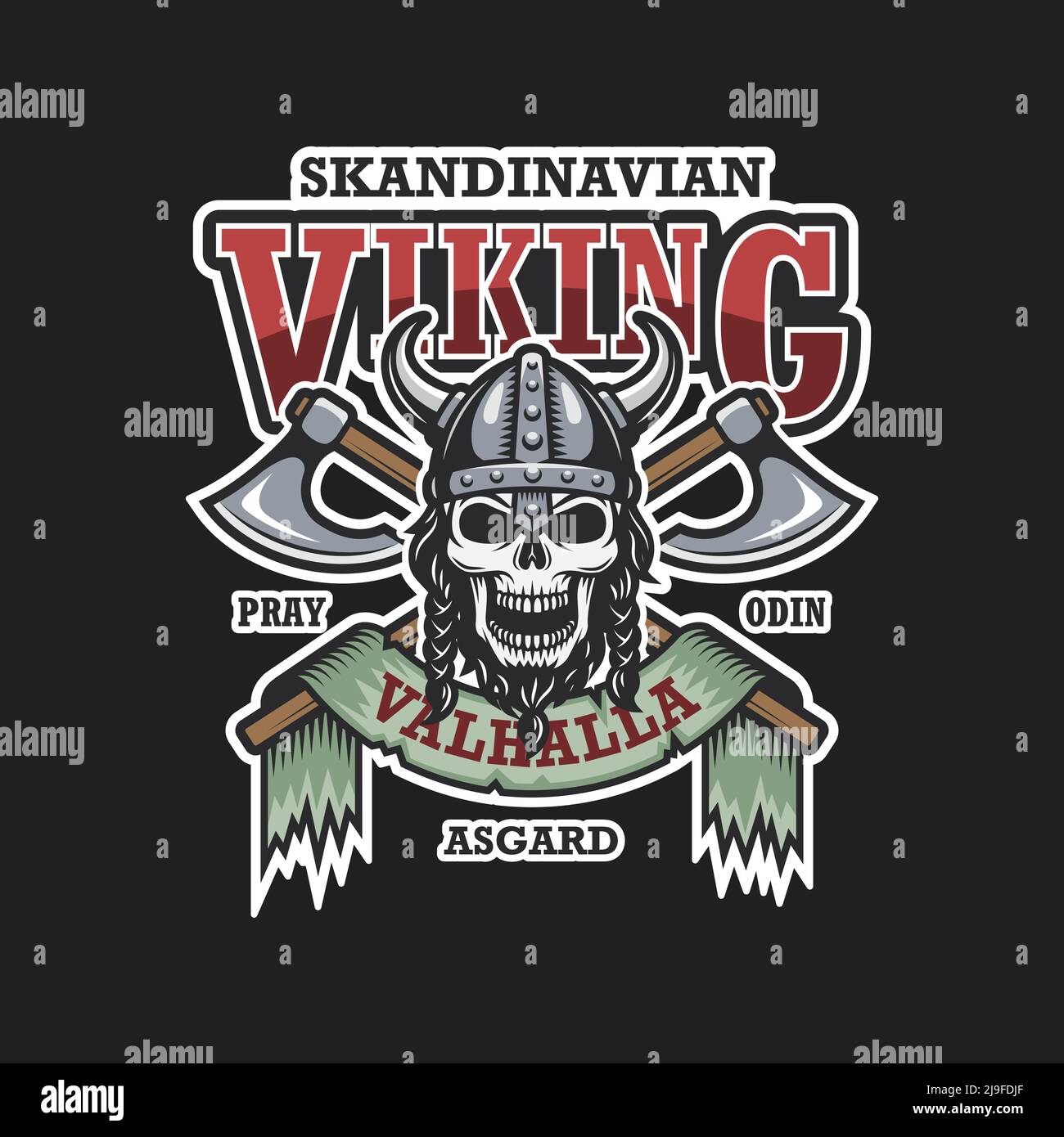 Viking emblem on dark background. Colored. Scandinavian theme Stock Vector