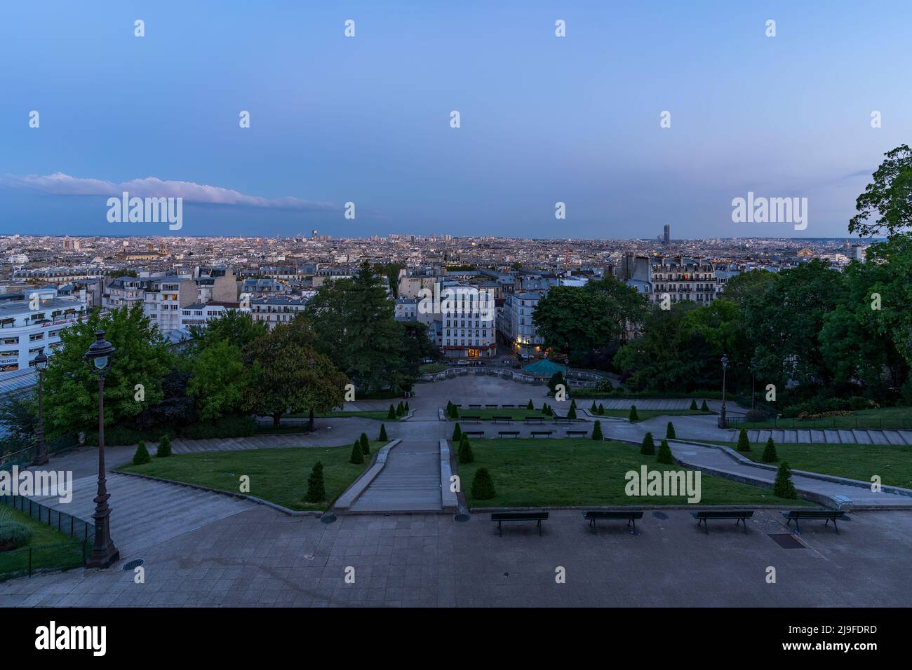 Sunrise in Paris, France. Panorama of the city from the hill of Montmartre at sunny morning Stock Photo
