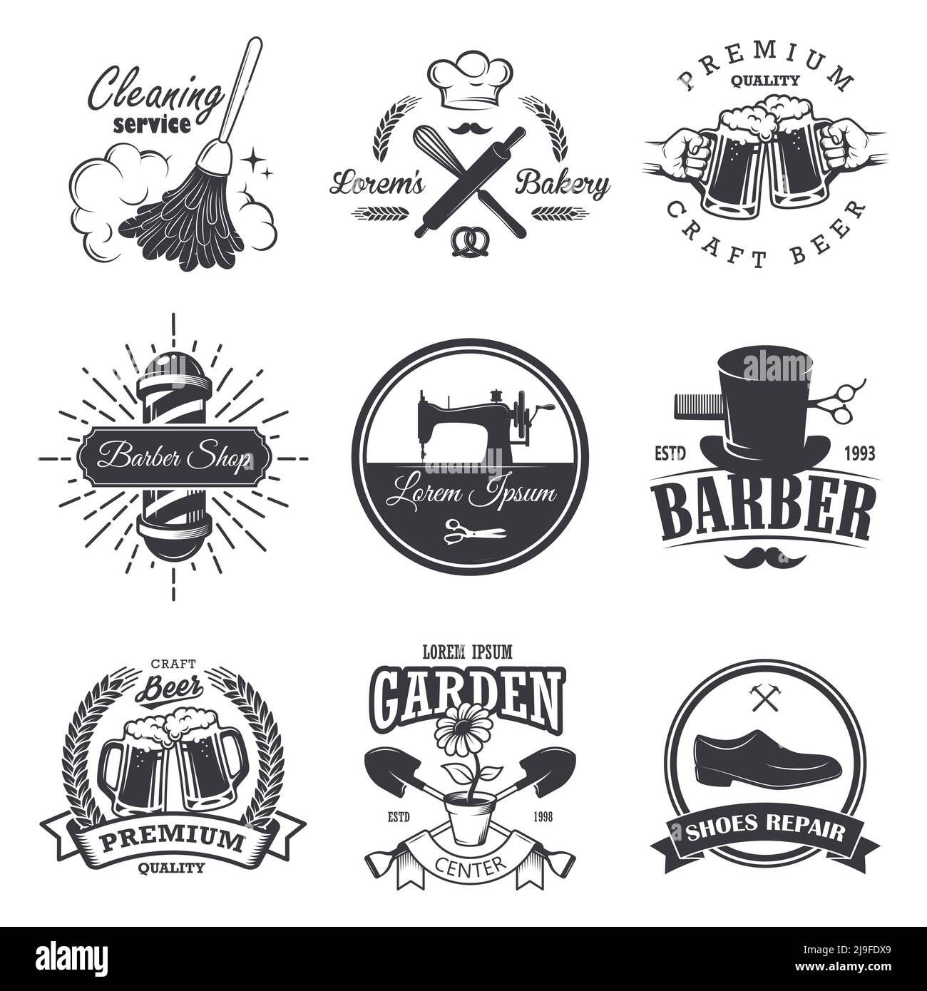 set of vintage workshop emblems, labels, badges, and logos, Monochrome style Stock Vector