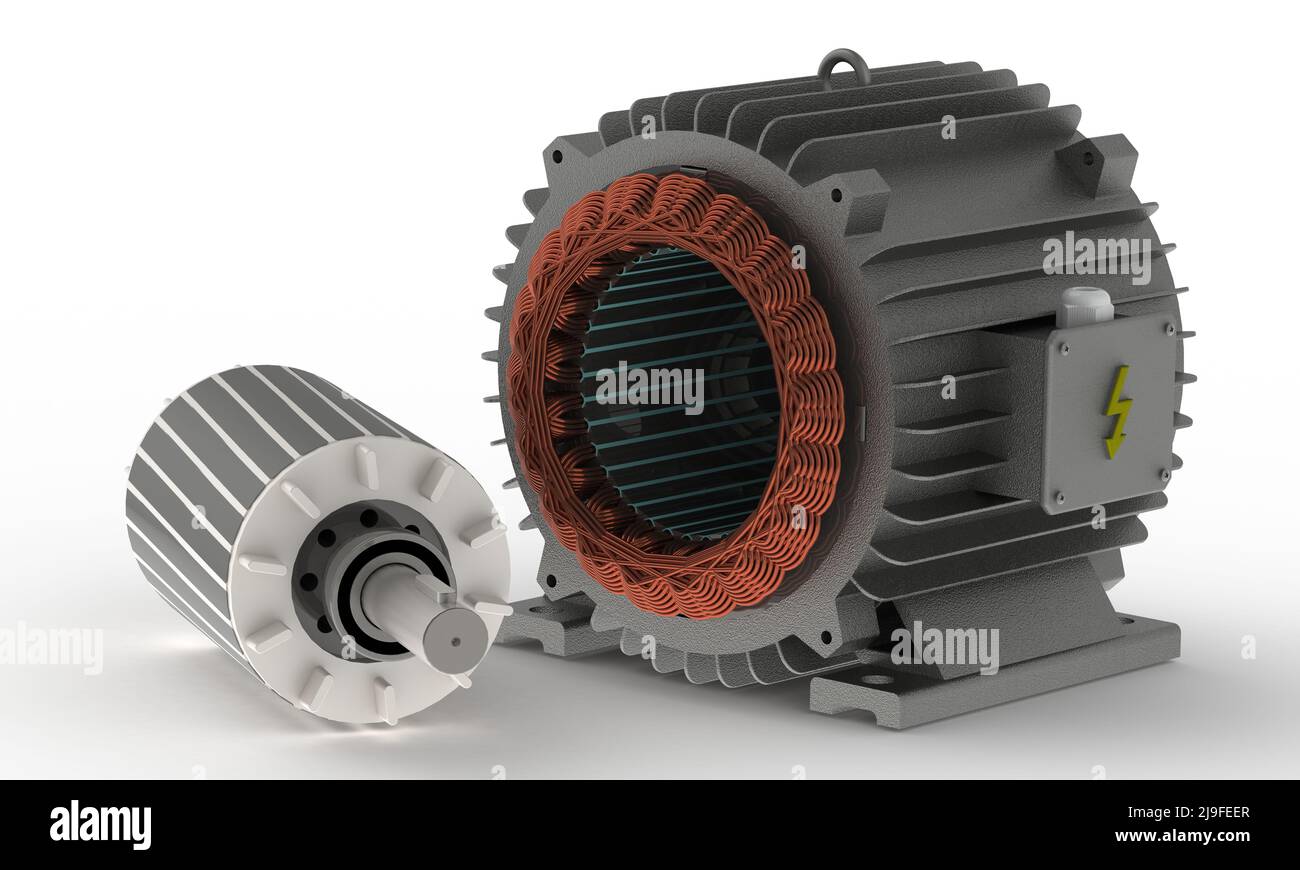 Electric motor, stator and rotor isometric view, 3D illustration, white ...