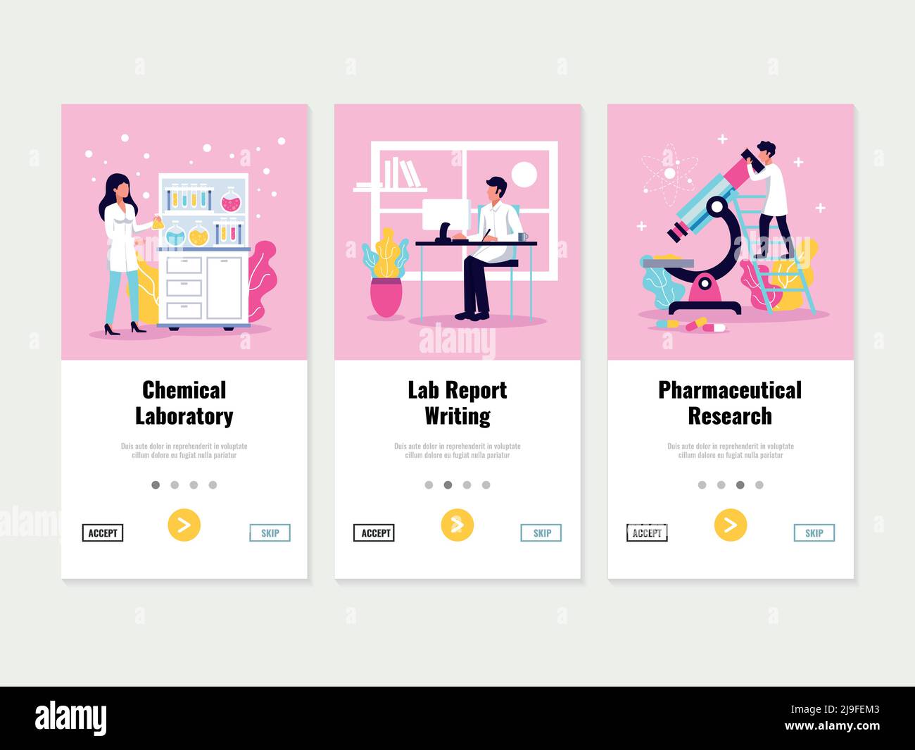 Laboratory vertical banners set with clickable option buttons and swipe