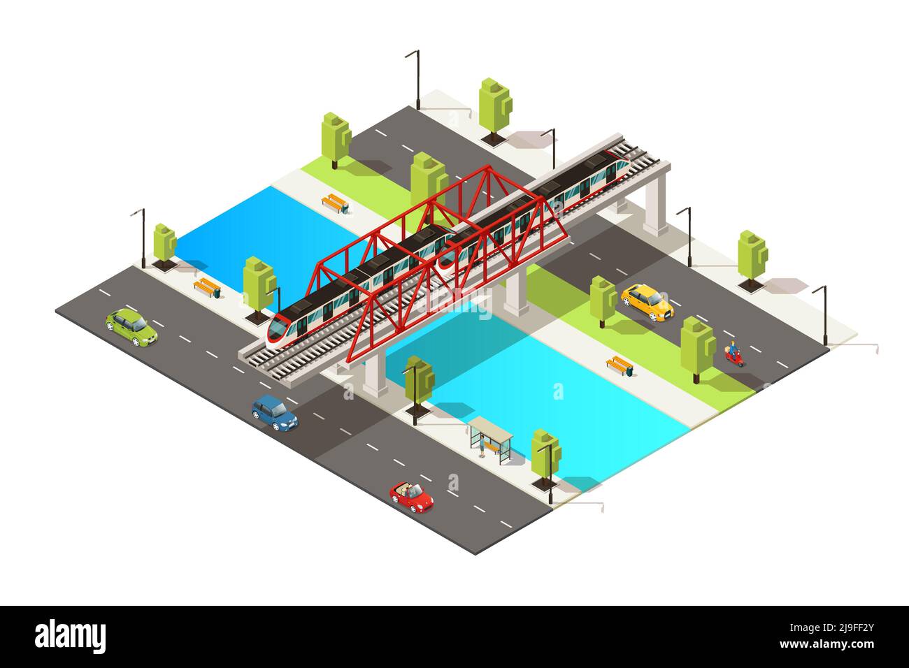 Isometric colorful railway transportation concept with cars scooter and passenger train moving across river on bridge isolated vector illustration Stock Vector
