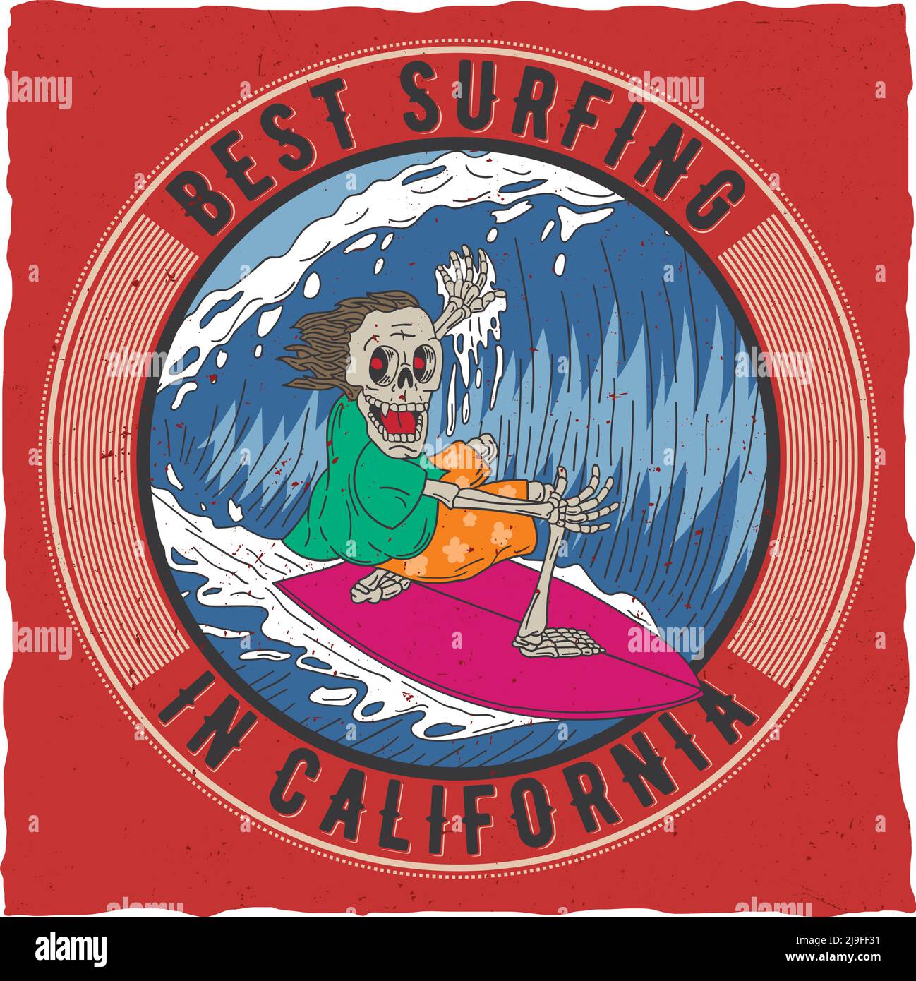 Best Surfing In California Poster With Funny Skeleton On Board Vector