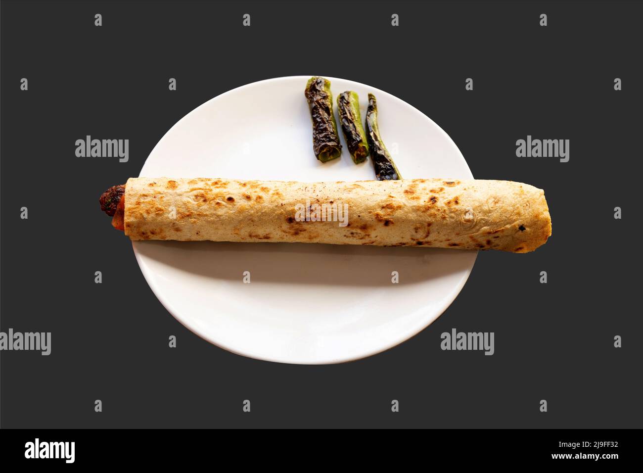 Wrap, wrap bread in white plate, doner wrap, baked food, isolated on