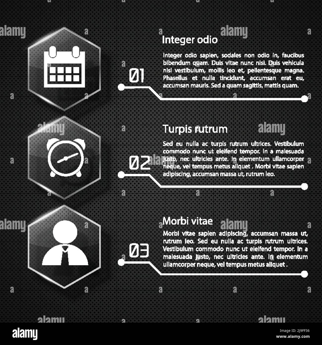 Web infographic concept with text glass hexagons white icons three options on dark netting background vector illustration Stock Vector