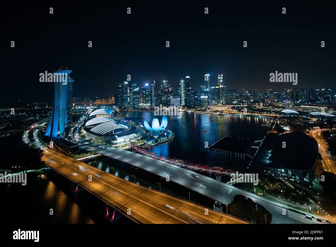 Singapore May 22nd 2022 - Cityscape of the Singapore financial business district at night Stock Photo