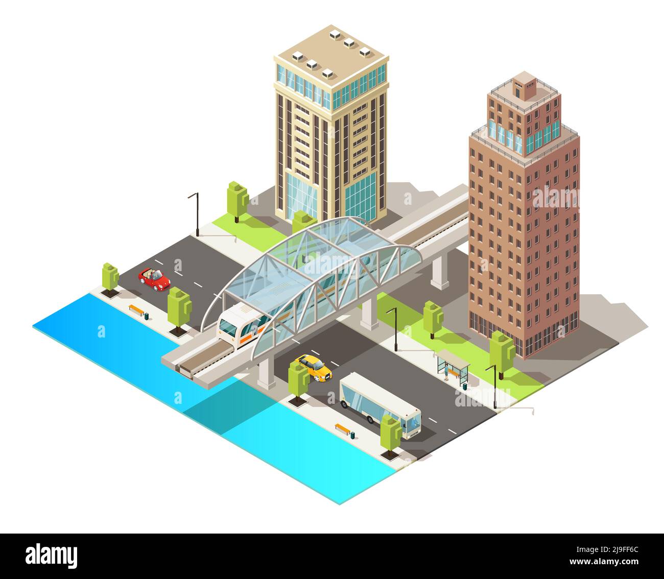Isometric urban traffic template with modern buildings moving cars bus and metro in city center isolated vector illustration Stock Vector