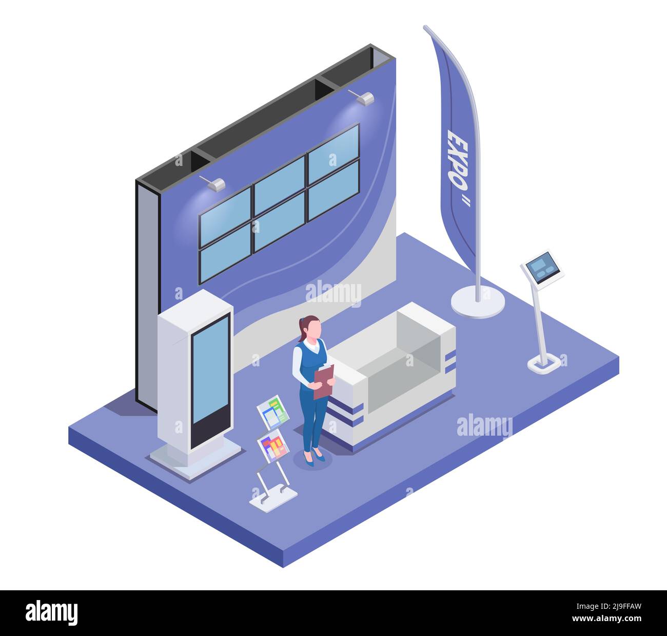 Isometric composition with woman and expo stand with monitor and handouts 3d vector illustration Stock Vector