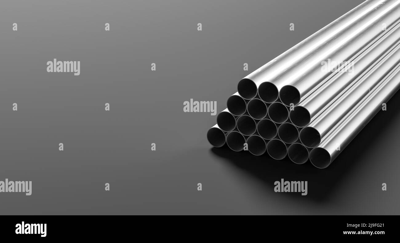 Metal profiles isolated on dark background. Steel profiles for structural reinforcement. 3D illustration Stock Photo
