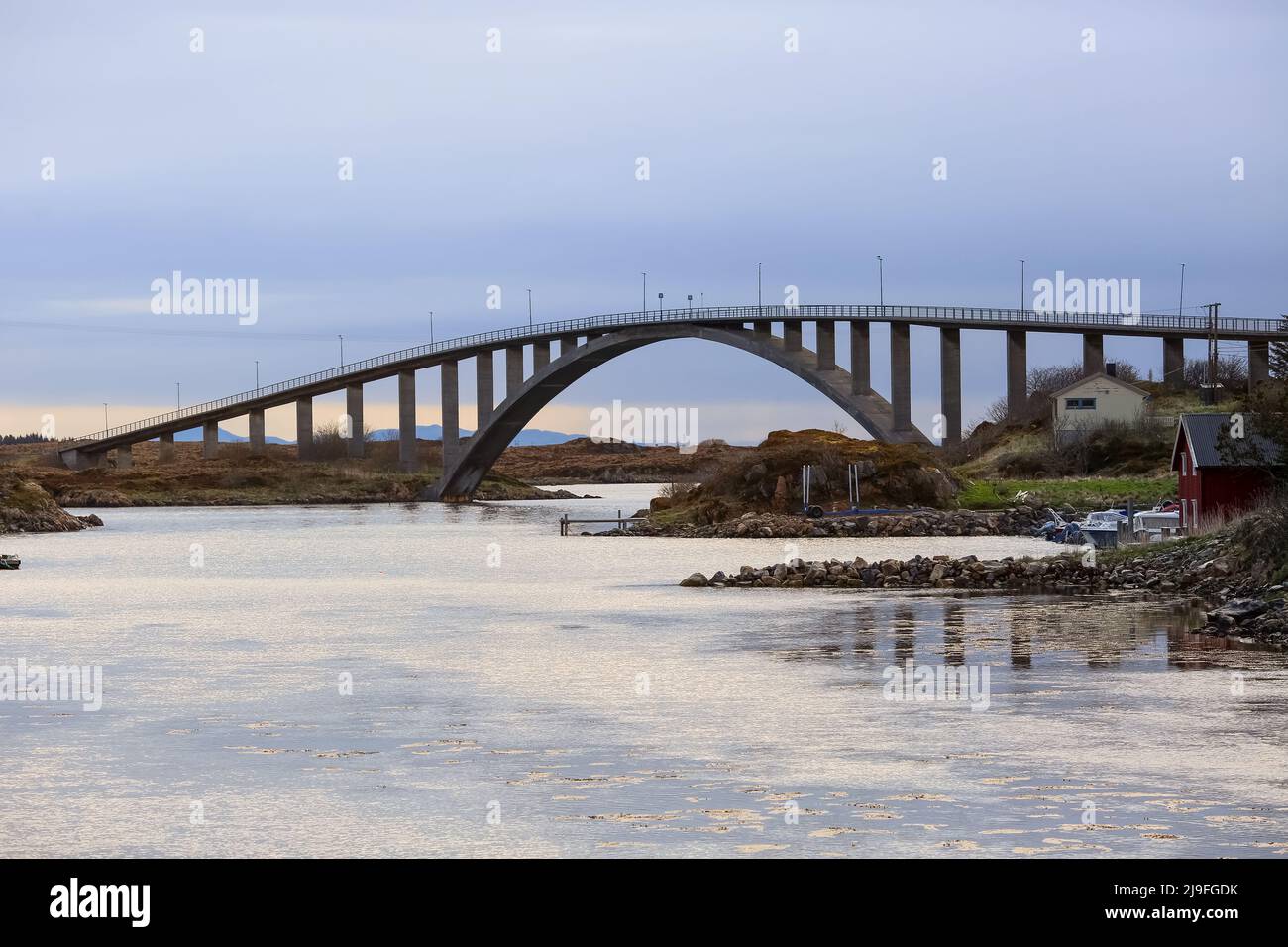 Nordic landscape with the bridge at the Norwegian island Froeya located in the central part of Norway Stock Photo
