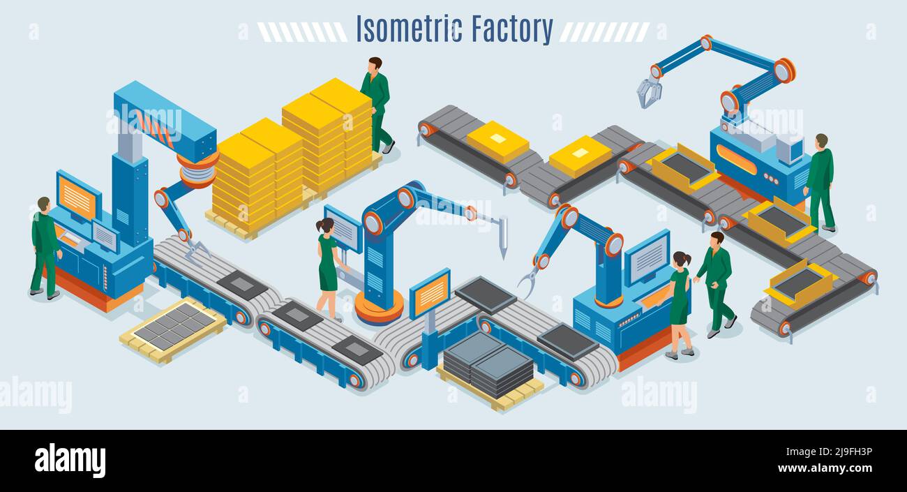 Isometric Industrial Factory Template With Assembly Line Automated Robotic Arms And Workers