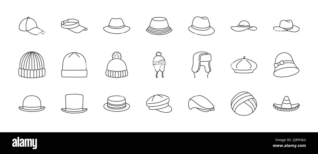 Hats doodle illustration including icons - vintage fedora, beanie, gentleman bowler, baseball cap, sun vizor, beret, cowboy, bucket, summer panama Stock Vector