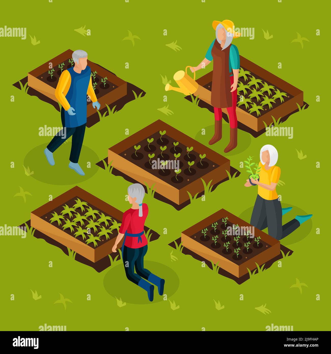 Isometric pensioners working in garden template with retired people