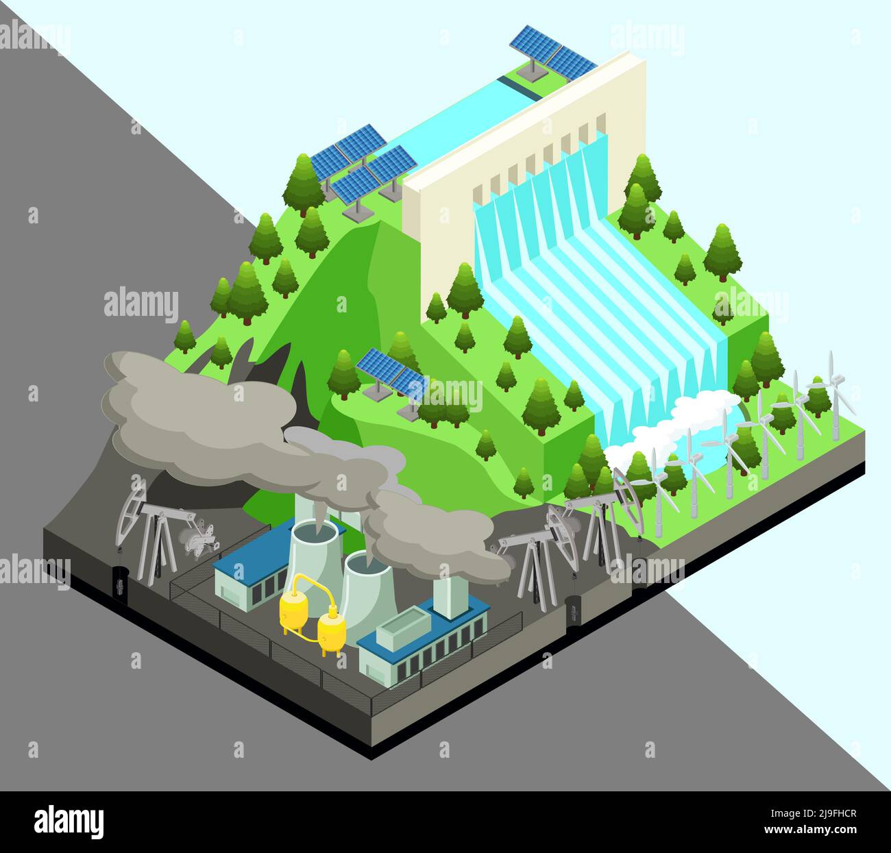 Isometric alternative energy production concept with windmills nuclear  power plant and hydroelectric station isolated vector illustration Stock  Vector Image & Art - Alamy
