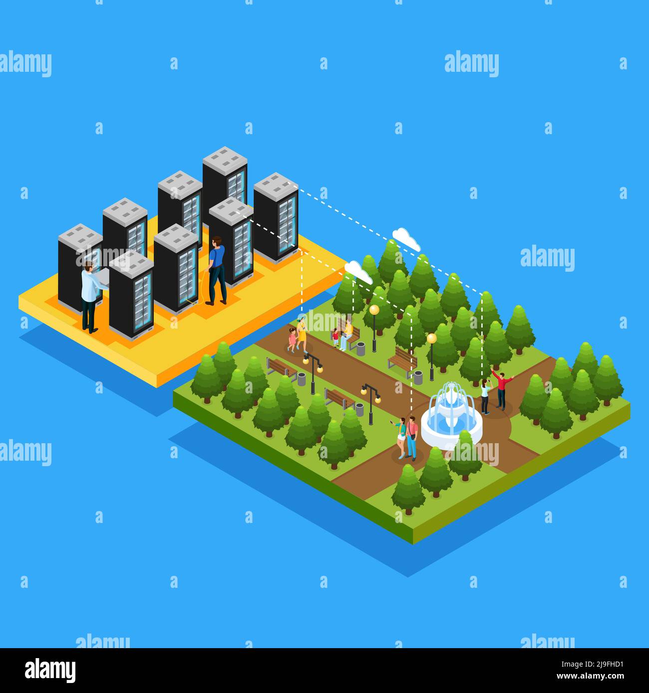 Isometric datacenter hosting servers concept with people using cloud ...