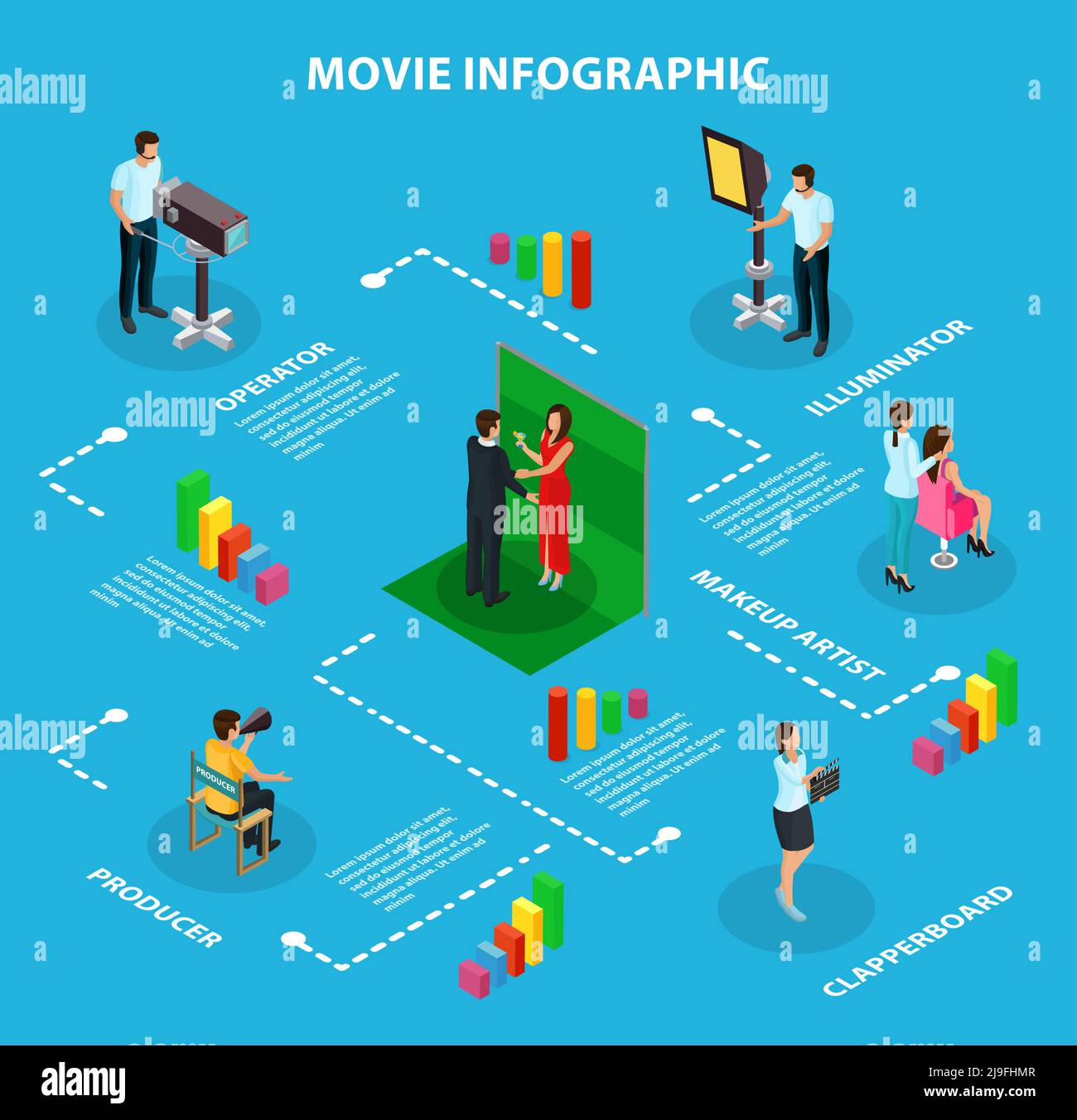 Movie shooting infographic template with different members of film crew