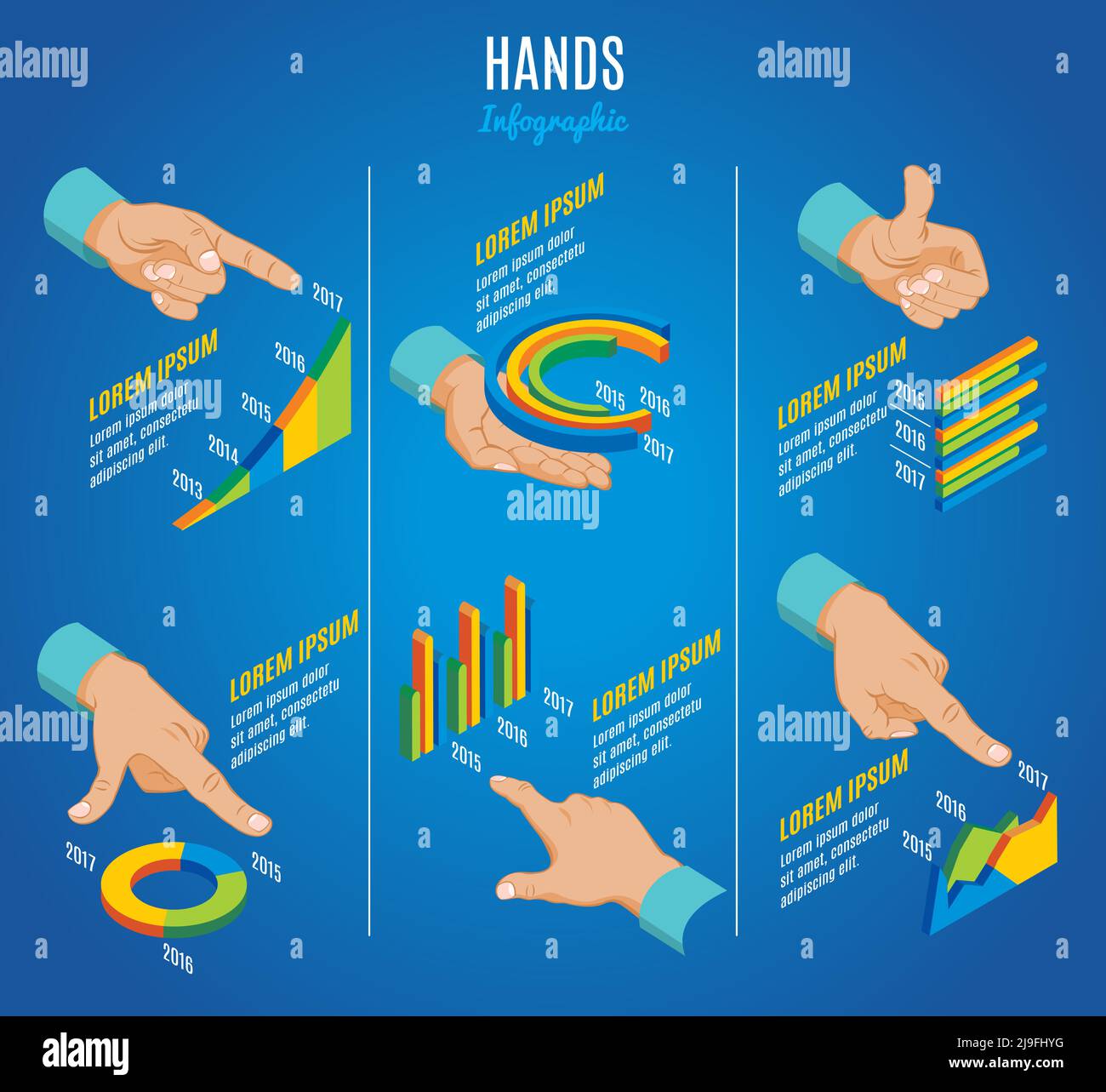 Isometric hands infographic concept with indicate hold okay showing touch gestures and business diagrams graphs charts isolated vector illustration Stock Vector