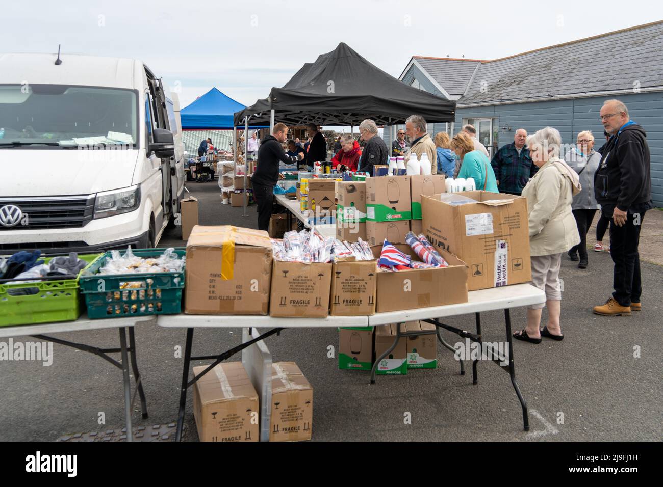 A market stall at the harbour in Amble, Northumberland, UK, selling