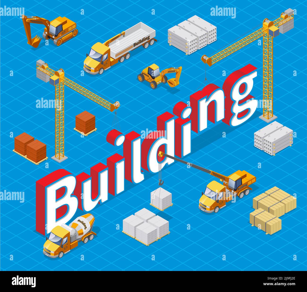 Isometric industrial building concept with different construction ...
