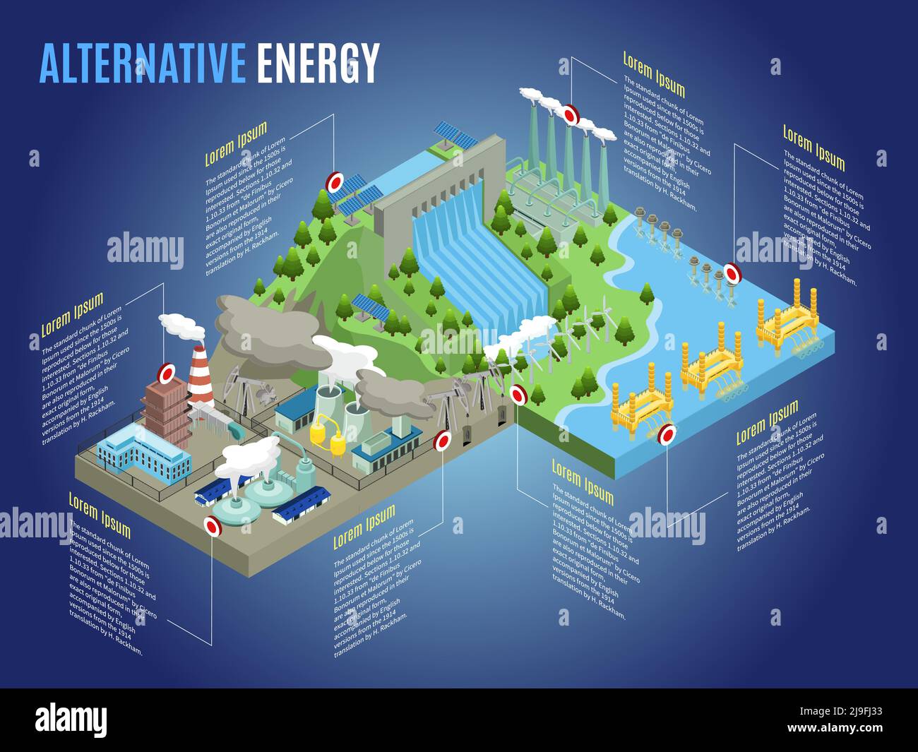 Isometric alternative energy infographic template with windmills tidal wave lightning hydroelectric thermal biofuel nuclear power stations and plants Stock Vector