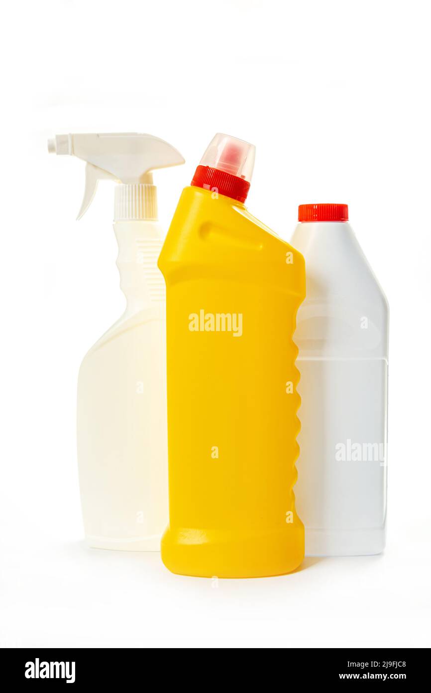 detergent bottles and chemical cleaning supplies isolated on white