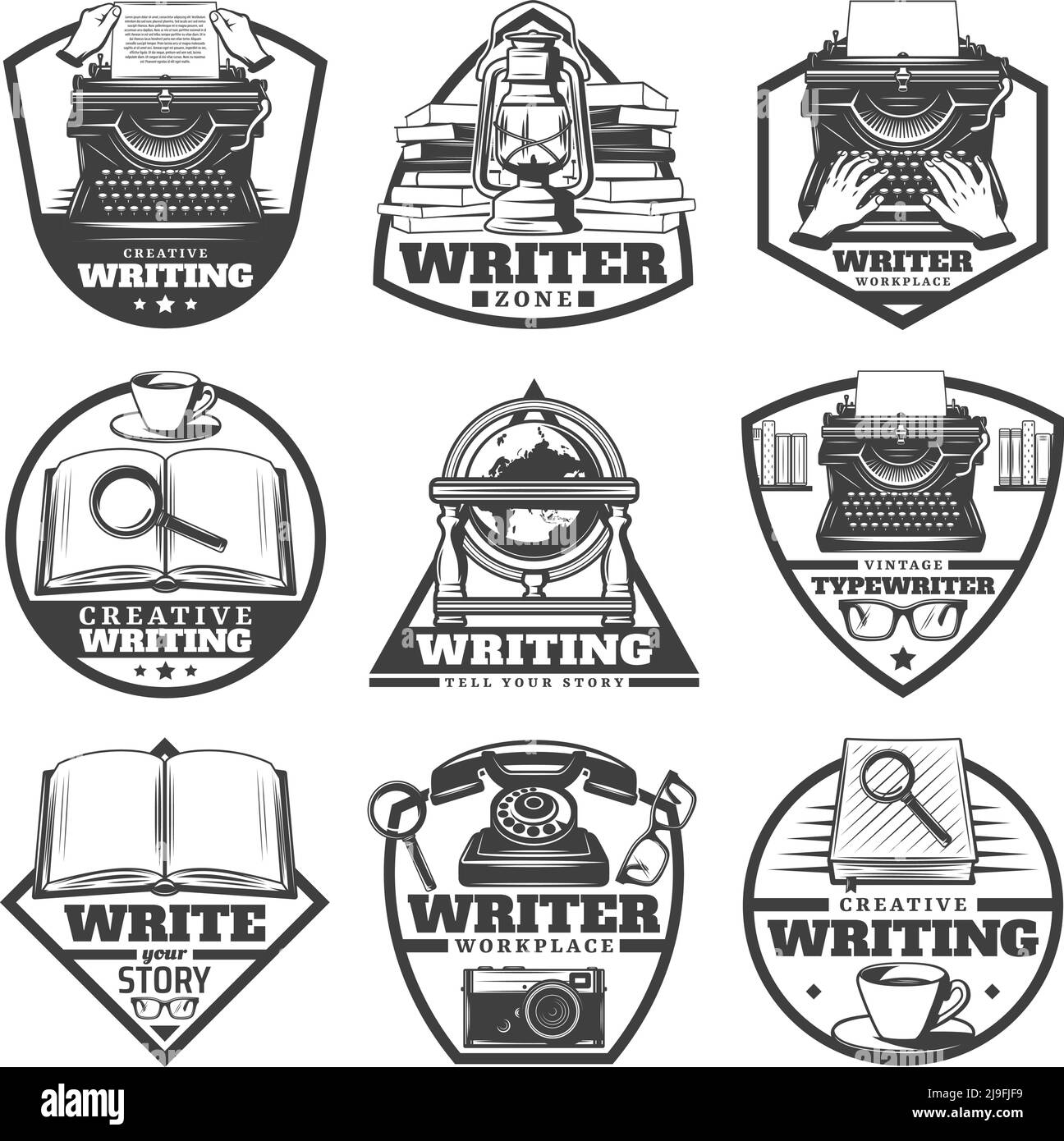 Vintage monochrome writer labels set with typewriter oli lamp books  magnifier coffee globe eyeglasses camera telephone isolated vector  illustration Stock Vector Image & Art - Alamy