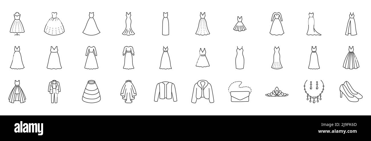 Wedding dress doodle illustration including icons - elegant evening gown, groom suit, marriage atelier, plus size fur coat, jacket, crinoline. Thin Stock Vector