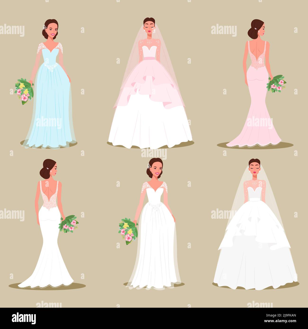 Set of brides in beautiful dresses and hairstyles with bouquets in their hands. Vector illustration  Stock Vector