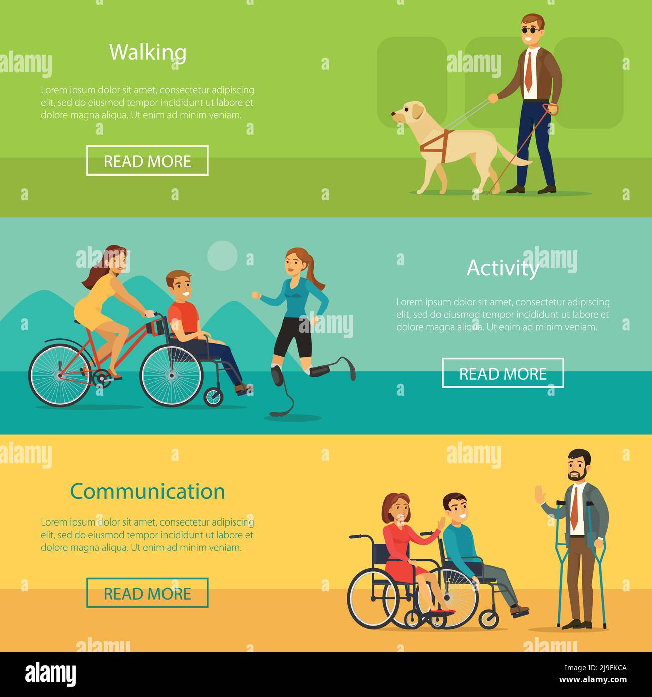Disabled people horizontal banners with blind man walking with dog active recreation and communication of invalids vector illustration Stock Vector